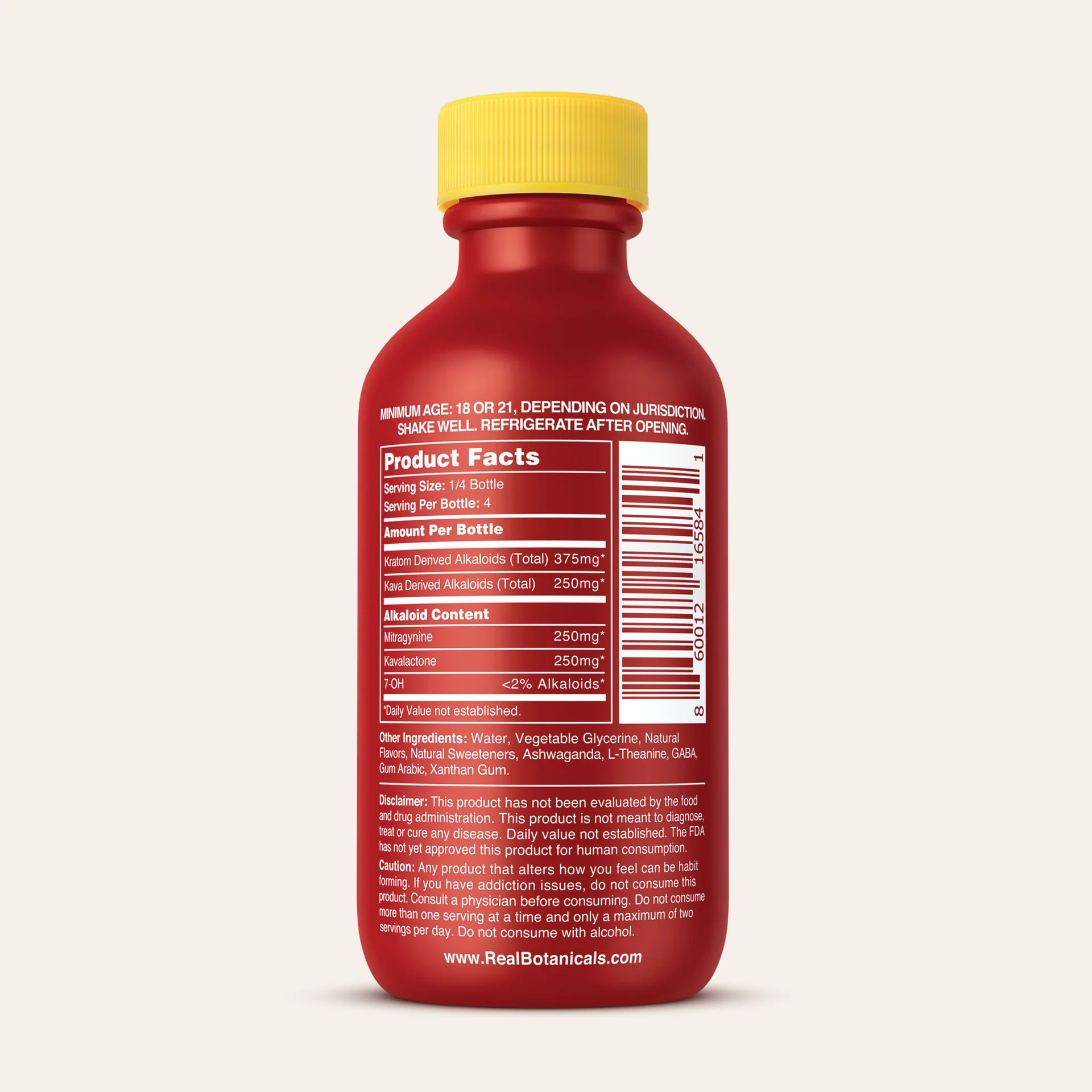 Back label of Real Botanicals Maximum Mood Boost Shot showing supplement facts, usage instructions, and ingredient list on a red bottle with yellow cap.