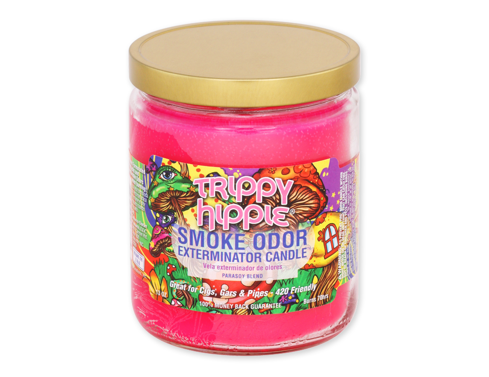 Smoke Odor Exterminator Candle Trippy Hippie – earthy floral incense enzyme candle for smoke, pet, and household odors.