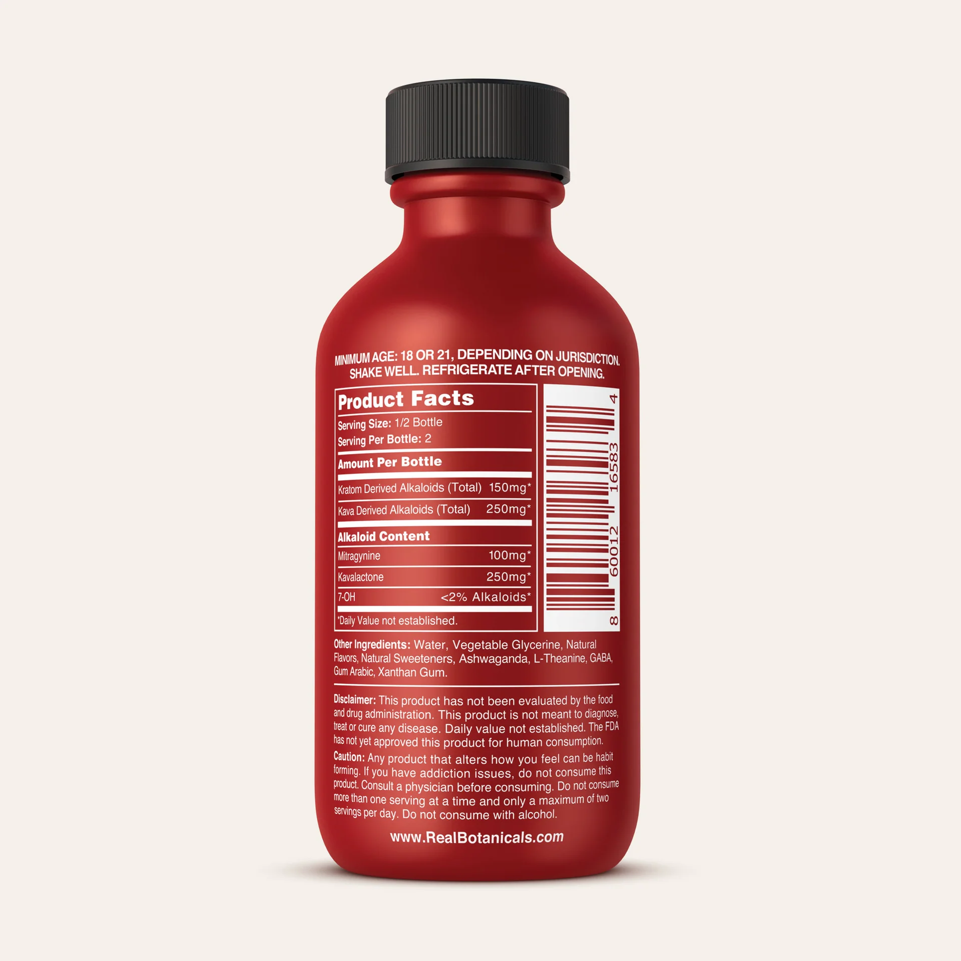 real botanicals kratom kava shot, back of bottle